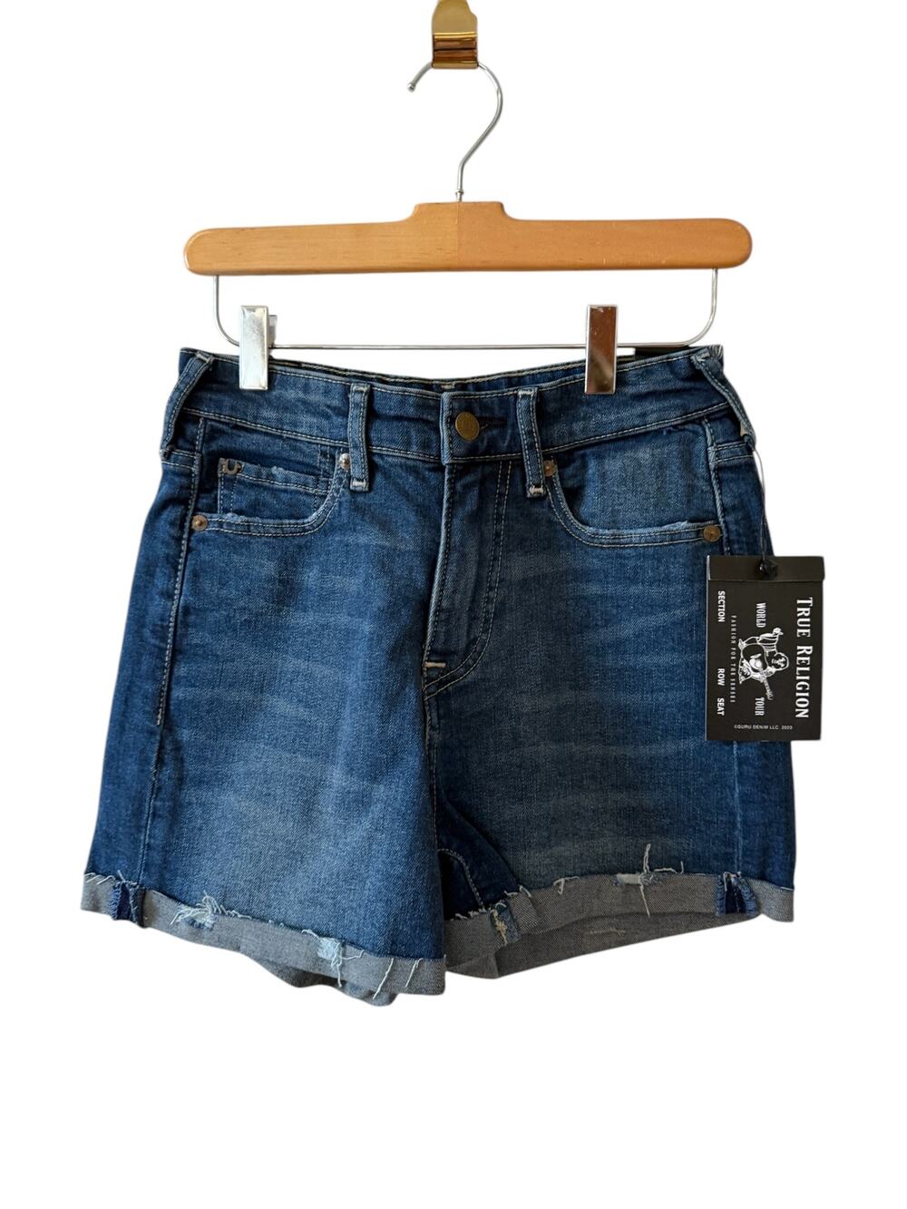 True Religion Jennie High Rise Cuffed Denim Jean Shorts Dark Wash 27